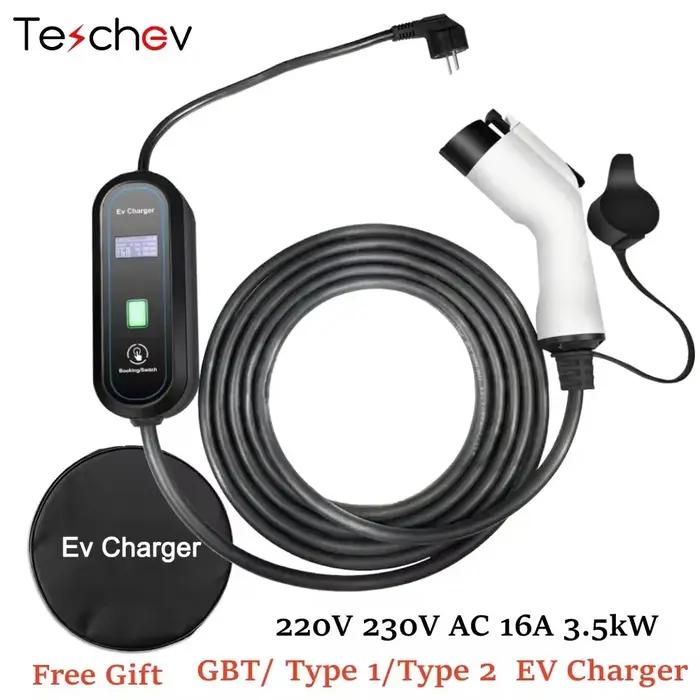 Chargeur EV portable Teschev 220V 230V Wallbox 16A Type1 j1772 Câble de charge Type2 Cordon IEC62196