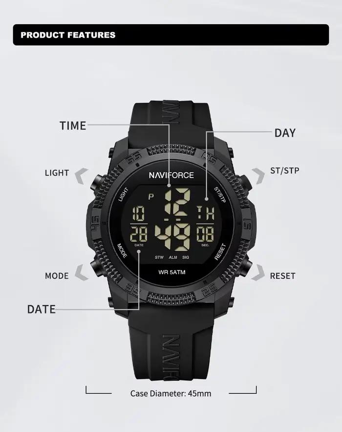 NAVIFORCE NF7104 Montre électronique numérique LCD décontractée avec alarme de date et de semaine po
