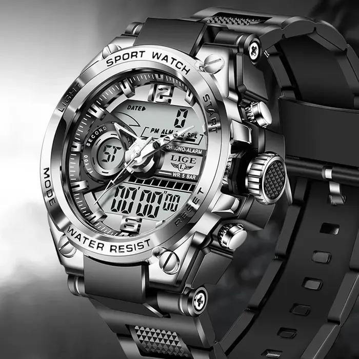 LIGE numérique hommes montre militaire 50m étanche montre-bracelet LED Quartz horloge Sport montre m