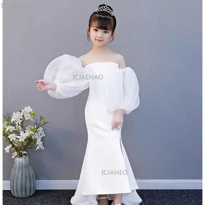 Robe sirène blanche sans bretelles pour filles avec traîne, tenue de cérémonie pour fête, costume de