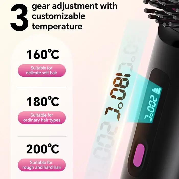 Brosse à lisser les cheveux, peigne à lisser ionique sans fil Rechargeable pour coiffer, avec 3 régl