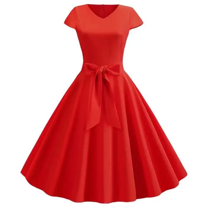 Robe d'été Vintage pour femmes, avec ceinture, manches courtes, col en V, élégante, rétro, robes de