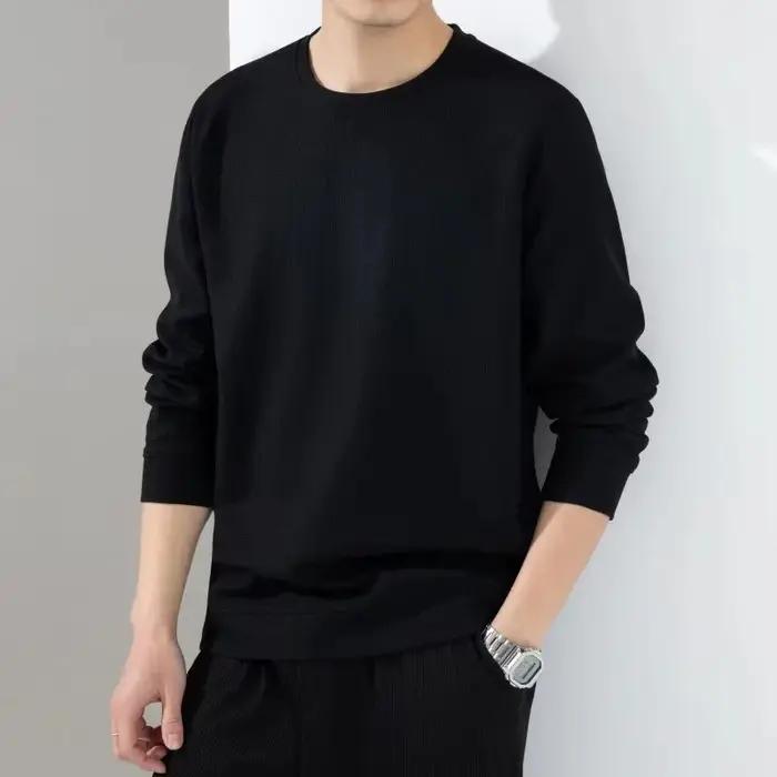 Printemps automne gaufre t-shirts pour hommes à manches longues t-shirts hauts mode solide t-shirts