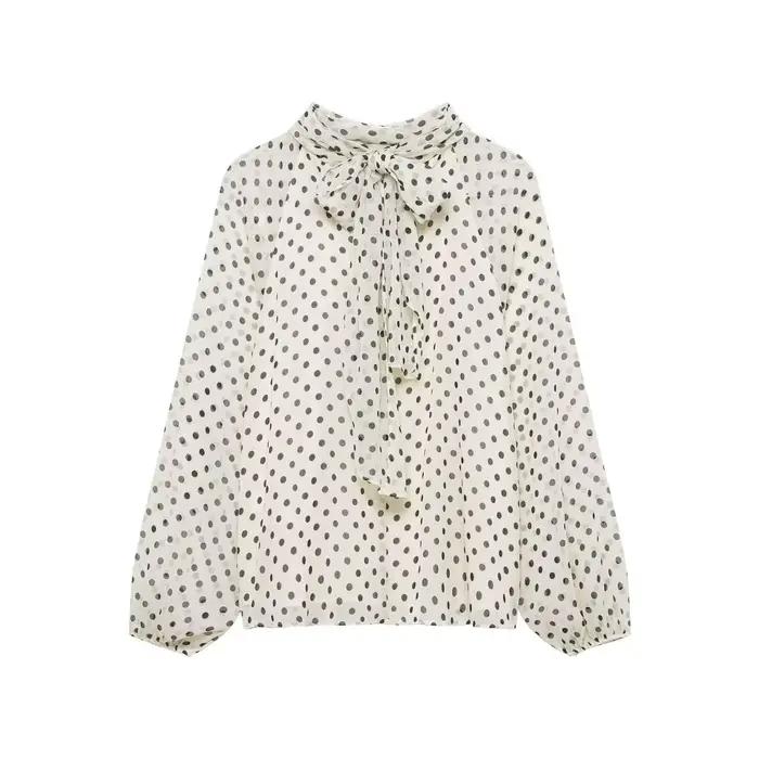 Chemise à manches longues à pois pour femmes, mode printemps automne, chemise à nœud à lacets, chemi
