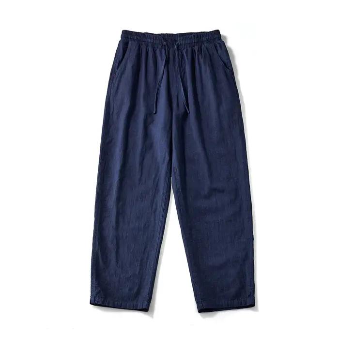 Pantalon cargo indigo rétro japonais pour homme, pantalon multi-poches, jambe large, coton, lin, déc