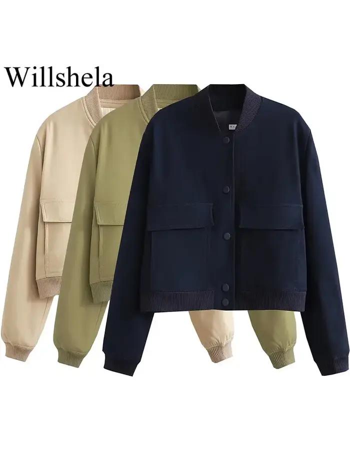 Willshela femmes mode solide Bomber vestes manteau avec poches col en v simple boutonnage manches lo