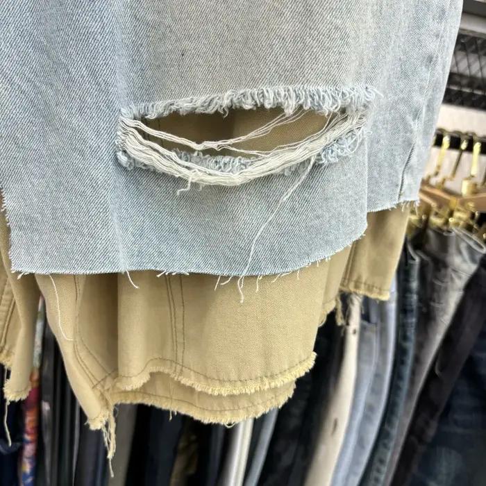 MIJKO – faux short surdimensionné en Denim deux pièces pour hommes et femmes, sept pouces, avec trou