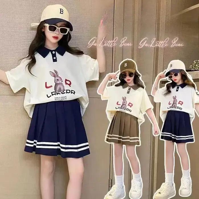 Ensemble de vêtements d'été pour adolescentes, t-shirt à revers et jupes plissées pour enfants, haut
