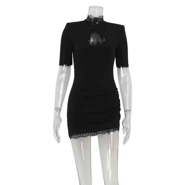 Robes à col haut pour femmes, mini robe éducative, tenues à demi-manches, gaine de tambour évidée, p