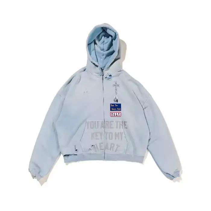 2025fw Paly diamant sweat à capuche avec fermeture éclair hommes femmes Vintage lavé bleu endommagé