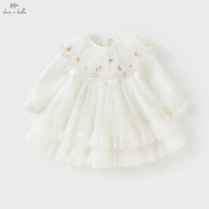 Dave Bella – robe de princesse pour petites filles, automne, manches longues, maille blanche, douce,