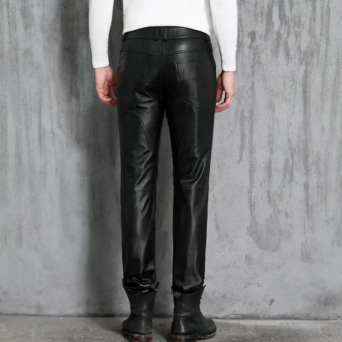 Pantalon Slim en cuir véritable pour hommes, moto pour jeunes, personnalité en peau de mouton, vêtem