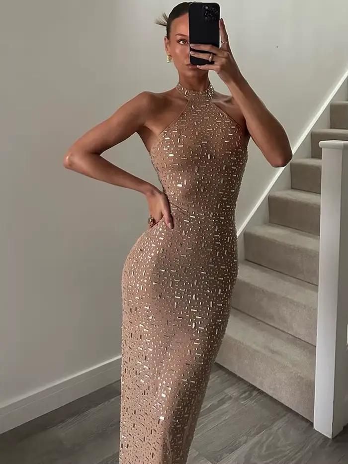 Robe de soirée sexy Kliou pour femme, décoration en faux diamants, col rond, épaules dénudées, taill
