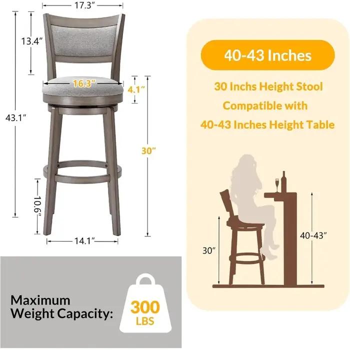 Ensemble de 4 tabourets de bar pivotants, tabourets de bar à hauteur de 30 pouces, tabouret de bar à
