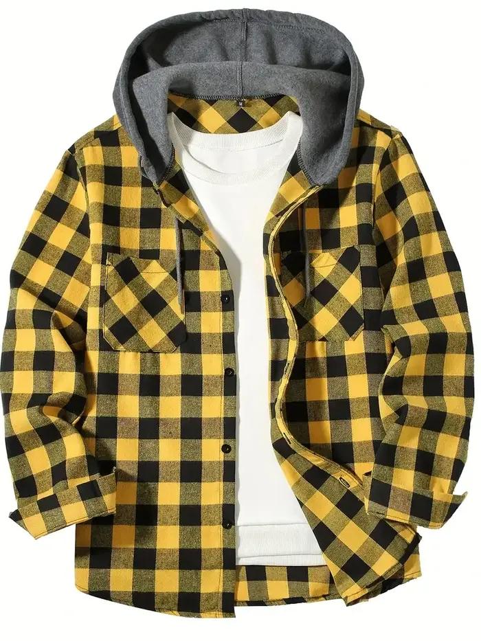 Chemise à carreaux à capuche coupe couvertes pour hommes, chemise à manches longues, chemise de voya