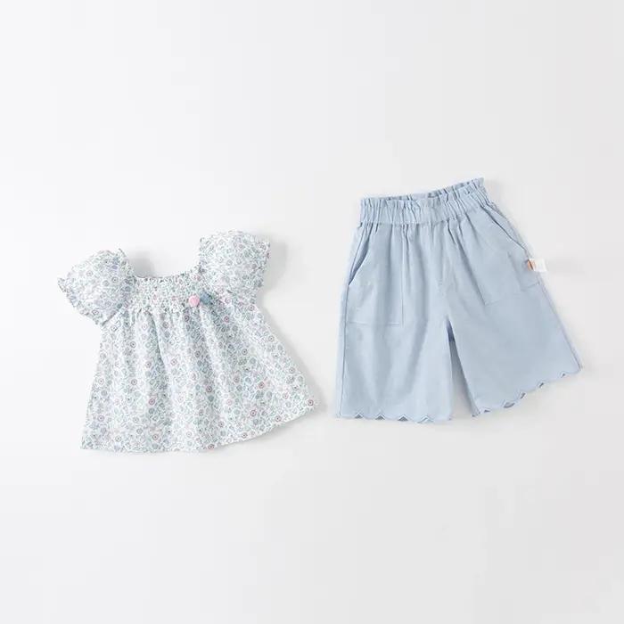 Strive MACBlue-Vêtements d'été à imprimé floral pour filles, manches à bulles, vêtements pour enfant