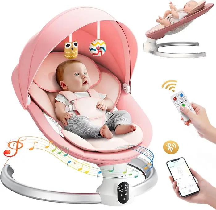 Balançoire électrique bébé avec 3 minuteries, application et télécommande - 5 vitesses, 10 musiques Bluetooth rose