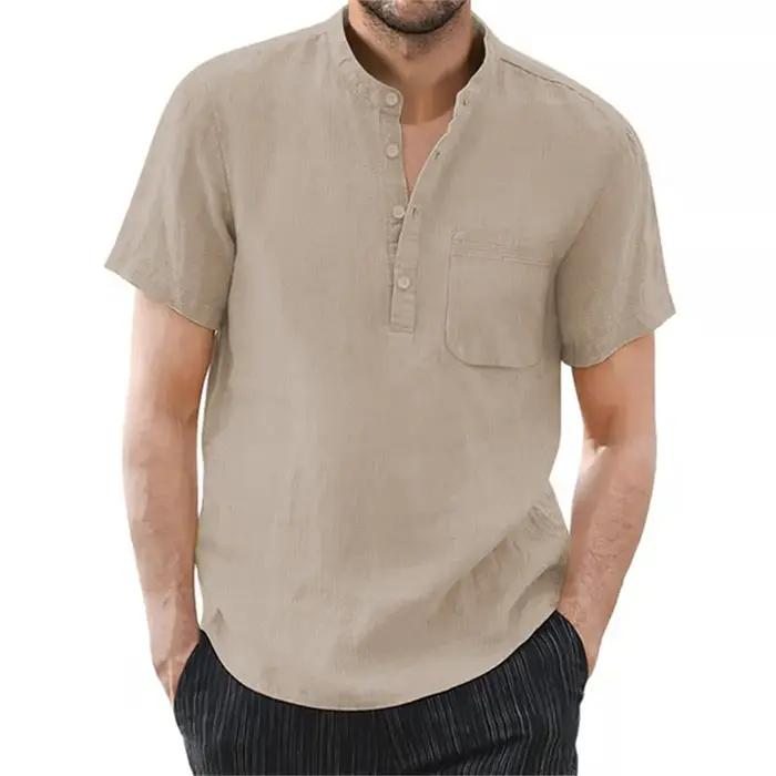 T-shirt à manches courtes pour hommes, en coton et lin, décontracté, couleur unie, chemise d'été, co