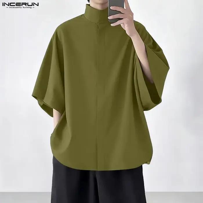INCERUN hommes chemise solide col montant à manches courtes hommes vêtements en vrac Style coréen St
