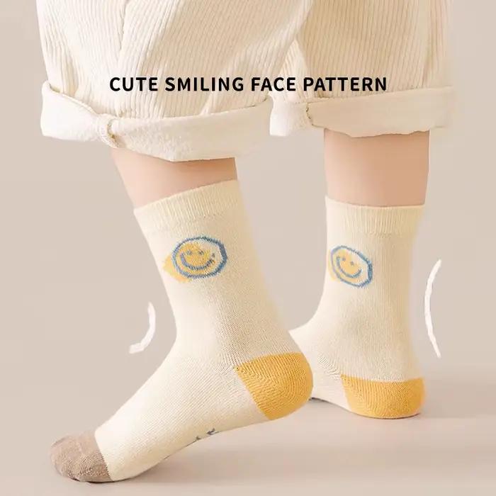 5 paires de chaussettes en coton solide pour enfants garçons, demi-chaussettes avec lettres souriant