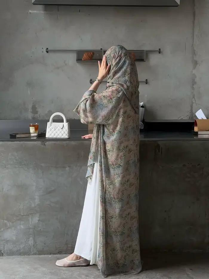 Cardigan traditionnel arabe élégant du moyen-orient, Robe Abaya à manches longues et imprimé Floral