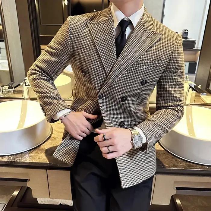 Blazer pied-de-poule pour hommes, Style britannique, Double boutonnage, coupe cintrée, veste de cost