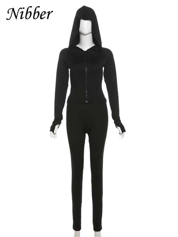 Nibber Sportif Casual 2 Pièce Ensemble Femmes Survêtement À Capuchon Zip Crop Tops + Leggings Fitnes