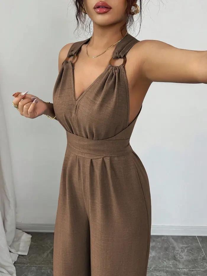 Combinaison femme col en v cravate taille large tenue d'été décontractée Style Madeleine été marron