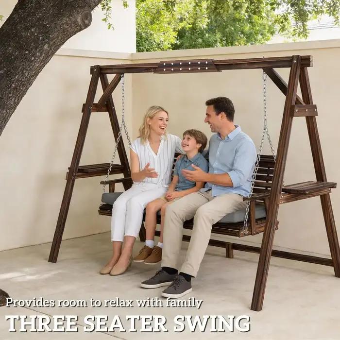 Balançoire de véranda 3 places avec support, chaise de patio en bois avec coussin, plateaux latéraux