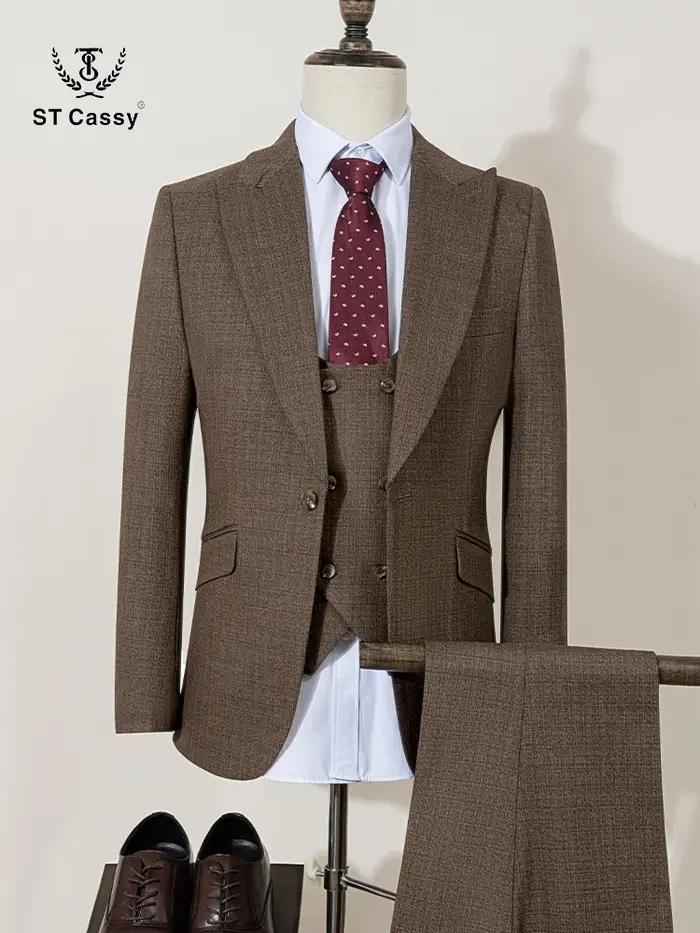 ST Cassy haute qualité hommes costume marron 3 pièces ensemble coupe ajustée mâle marié mariage Blaz