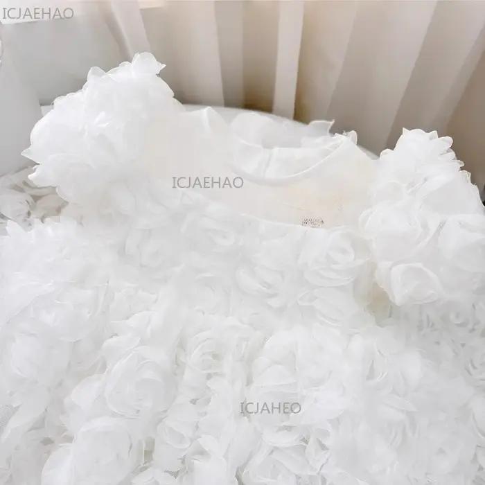 Robe de princesse blanche 2026 pour enfants, à manches courtes bouffantes, motif floral 3D, pour fêt