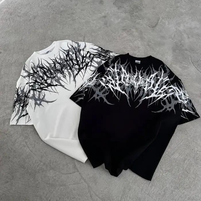 T-shirt à manches courtes pour adulte, style gothique cyberpunk Y2K, imprimé stencil, broderie 3D, d