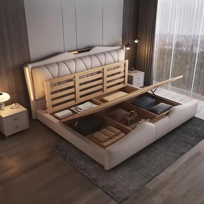 Lit double de luxe 200x220cm avec tête de lit et 3 tiroirs de rangement pour chambre principale mobilier de maison