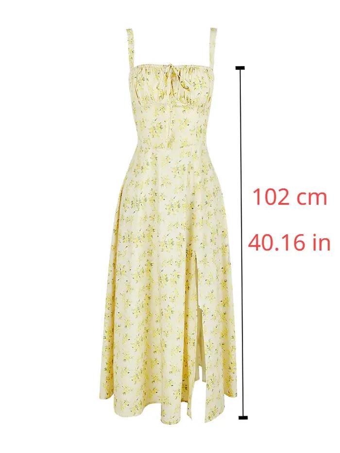 Suninheart-Robe mi-longue à bretelles spaghetti pour femme, robe à imprimé floral jaune, robe fendue