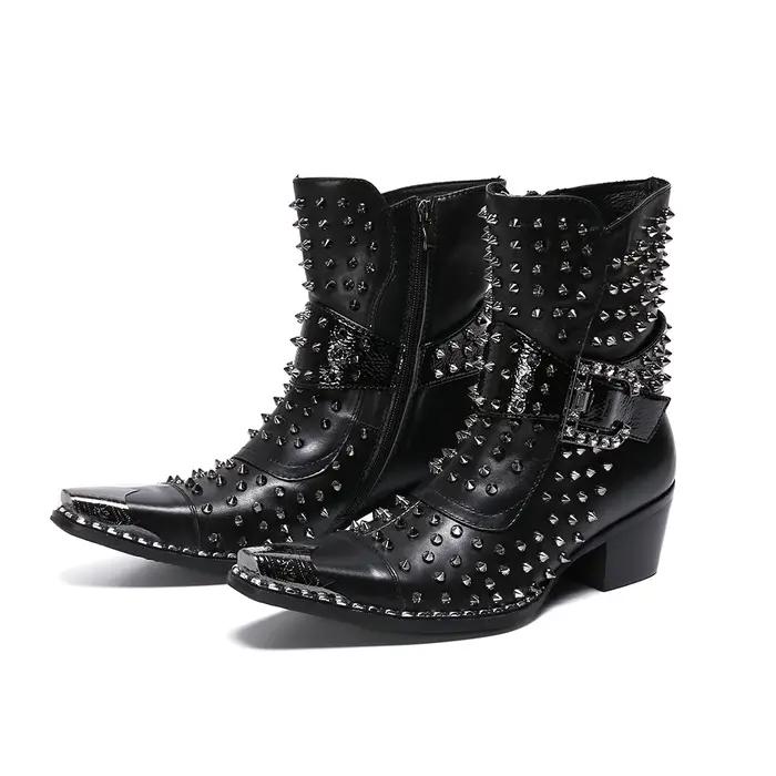 Bottes en cuir pointues à talons hauts pour hommes, chaussures de qualité, rivet, personnalité, chan