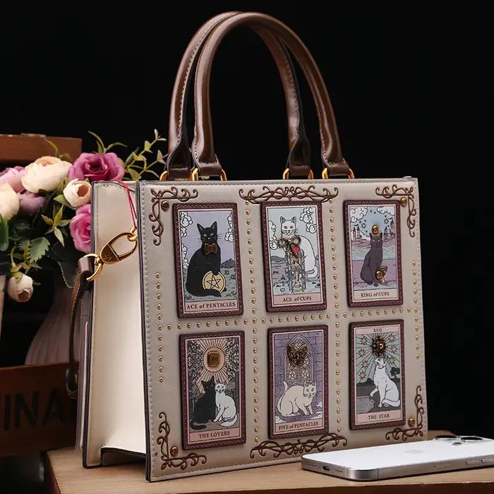 Sac de créateur vintage et de luxe avec broderie délicate impression de chat sac fourre-tout populai
