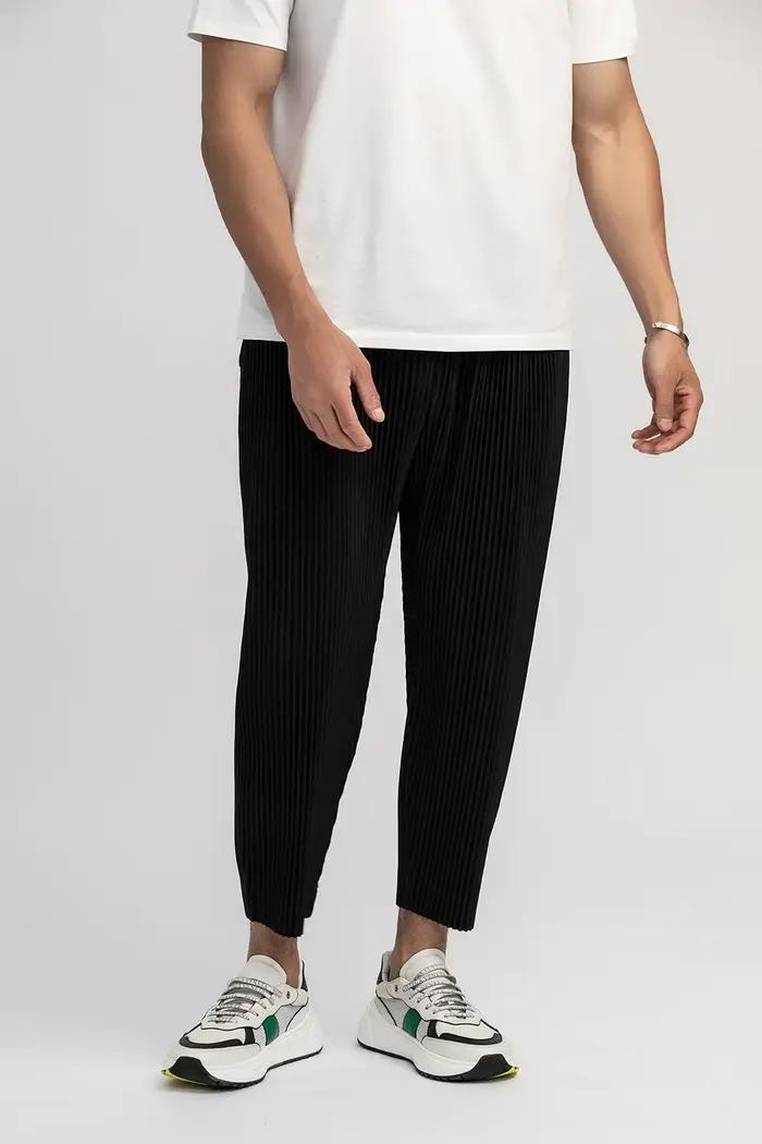 Miyake plissé pantalon droit hommes vêtements noir crayon pantacourt vêtements de rue hommes Style j