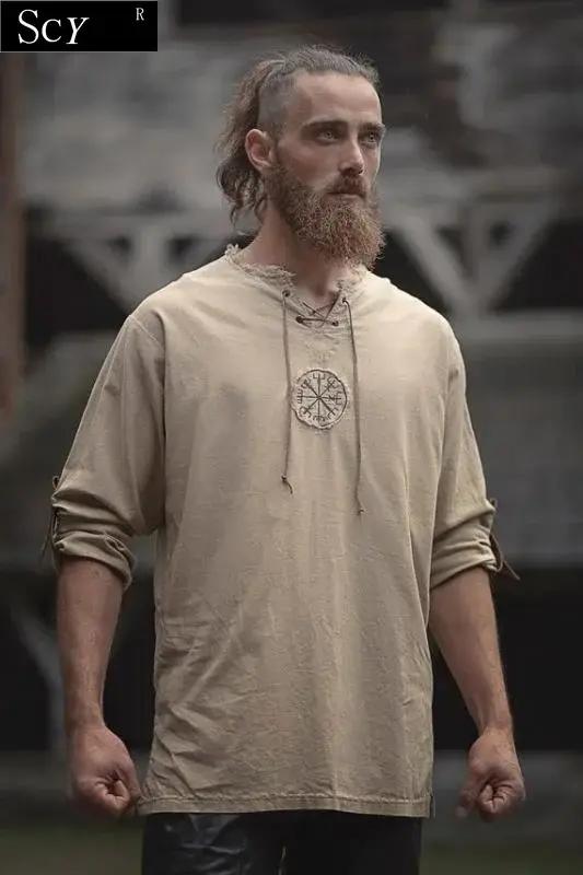 Hommes grande taille petit haut ancien Viking broderie à lacets col en V à manches longues petit hau