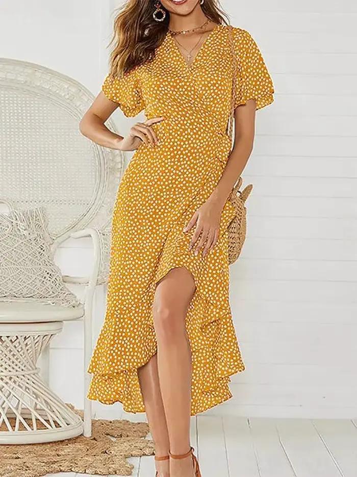 Robe longue en mousseline de soie pour femmes, imprimé floral, style boho, volants ronds, décontract