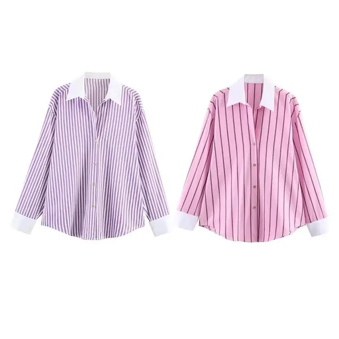 Chemise Femme 2026 Nouvelle Collection Printemps-Été, Chemise Ample Rayée Rose à Poignets Contrastan