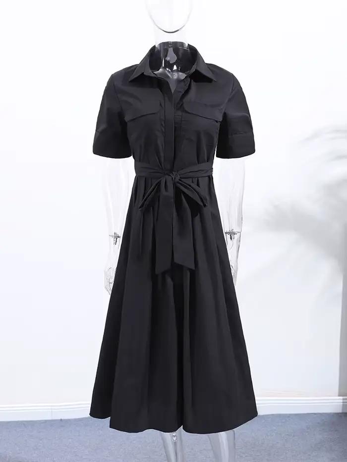 Nouvelle Robe Longue Plissée Noire Élégante pour Femme avec Ceinture, Manches Longues et Col Revers,
