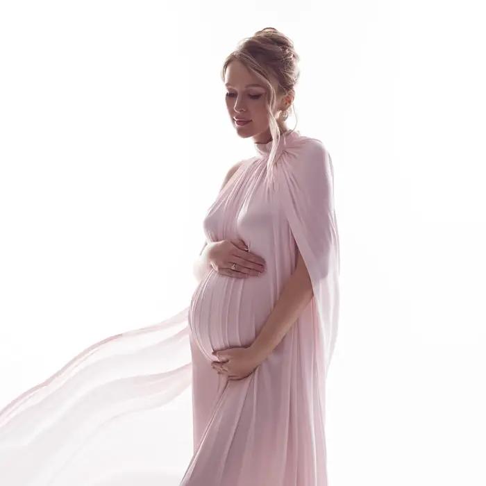 Robe de photographie de maternité à col rond avec cape, tenue de séance photo pour femme enceinte, r