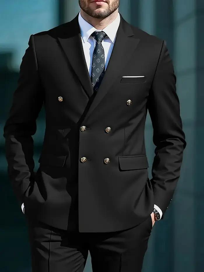 Costume Homme 2 Pièces 2026 Business Sans Repassage Double Boutonnage Boutons Dorés Tendance Rétro C