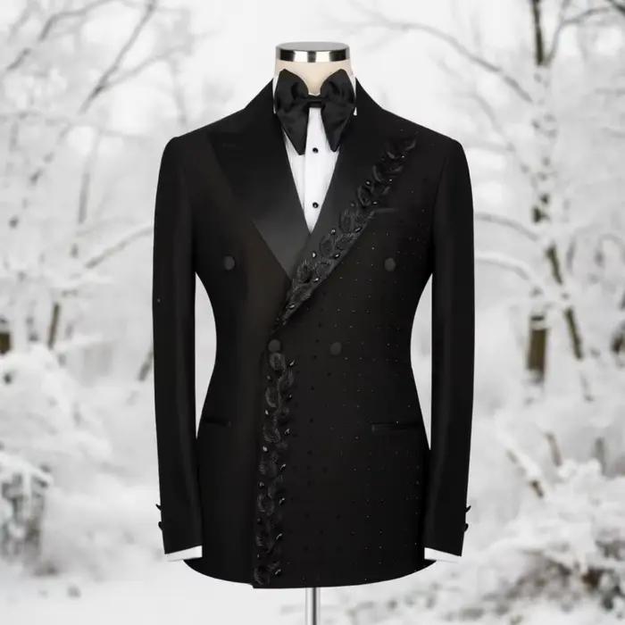 Costume Homme Perlé Brodé Noir Texturé Croisé Coupe Slim Formel pour Mariage, Bal de Promo, Dîner, S