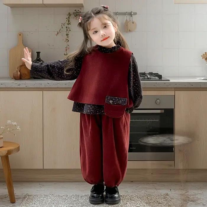 Vêtements à la mode pour filles, nouvelle chemise florale, gilet et pantalon de couleur unie, ensemb