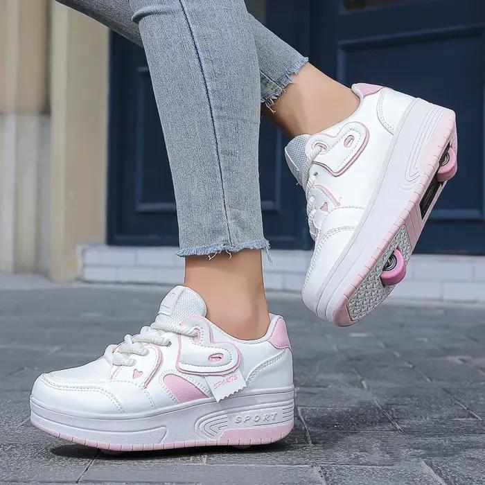 Chaussures de marche respirantes à lacets pour filles, patins de sport rétractables à deux roues pou