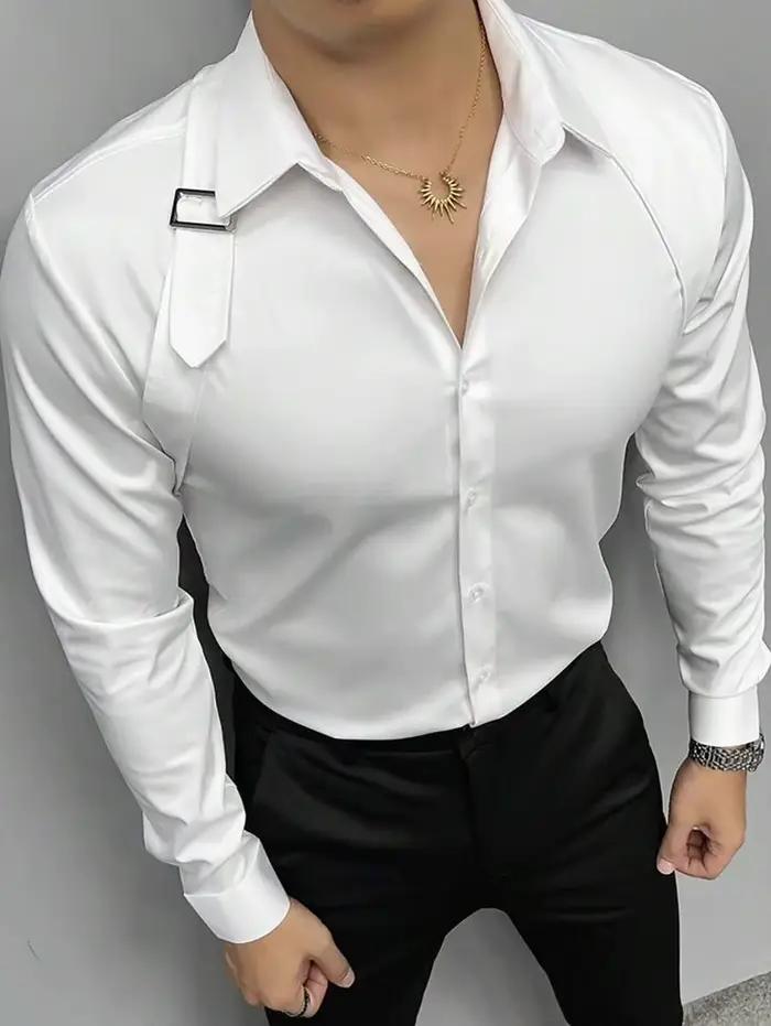 Chemise à manches longues boutonnée pour homme, couleur blanche unie, style décontracté et professio