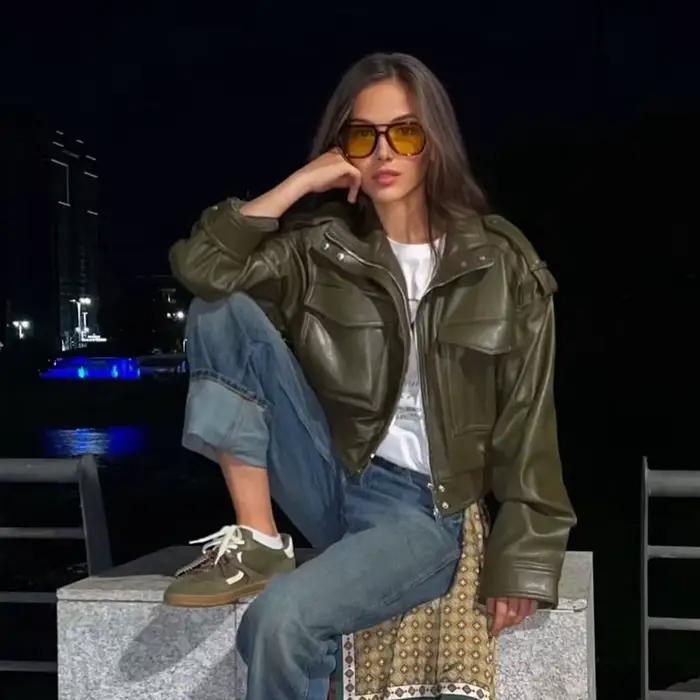 Veste femme veste simili cuir vert femme Demi-saison veste d'extérieur femme automne nouveau dans ma