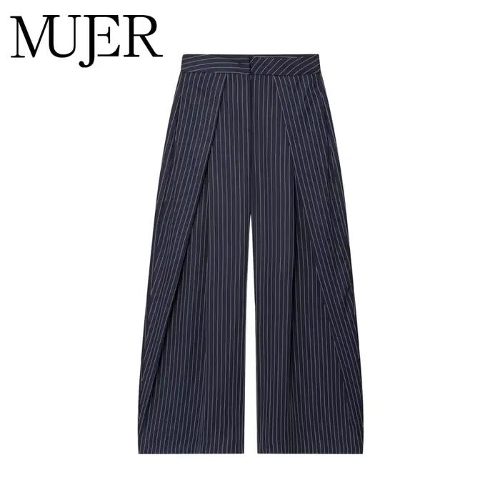 Pantalon Baggy Noir Plissé à Jambes Larges Rayé Décontracté Taille Haute pour Femme Printemps