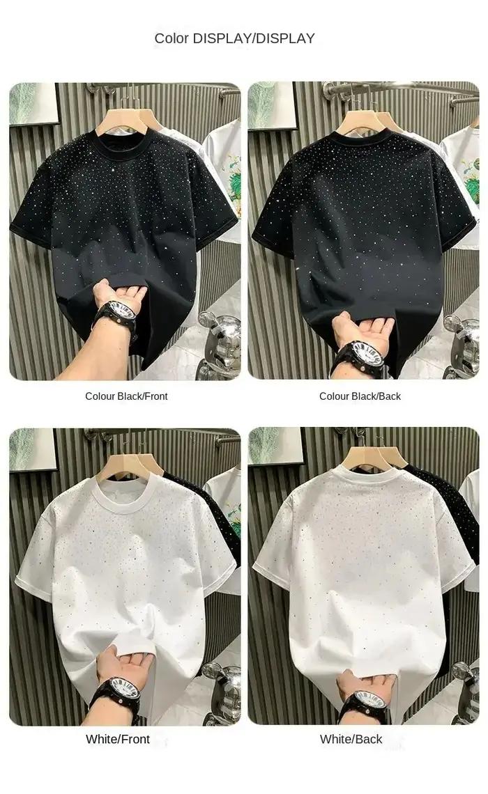 Été hommes vêtements été strass Rivet T-shirt col rond T-shirt style décontracté Version coréenne ho